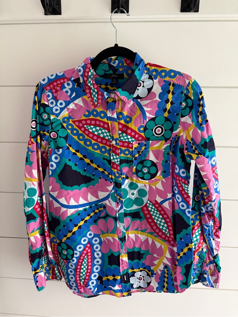 Vibrant Retro Print Blouse - Pink, Blue & Green, Size 10